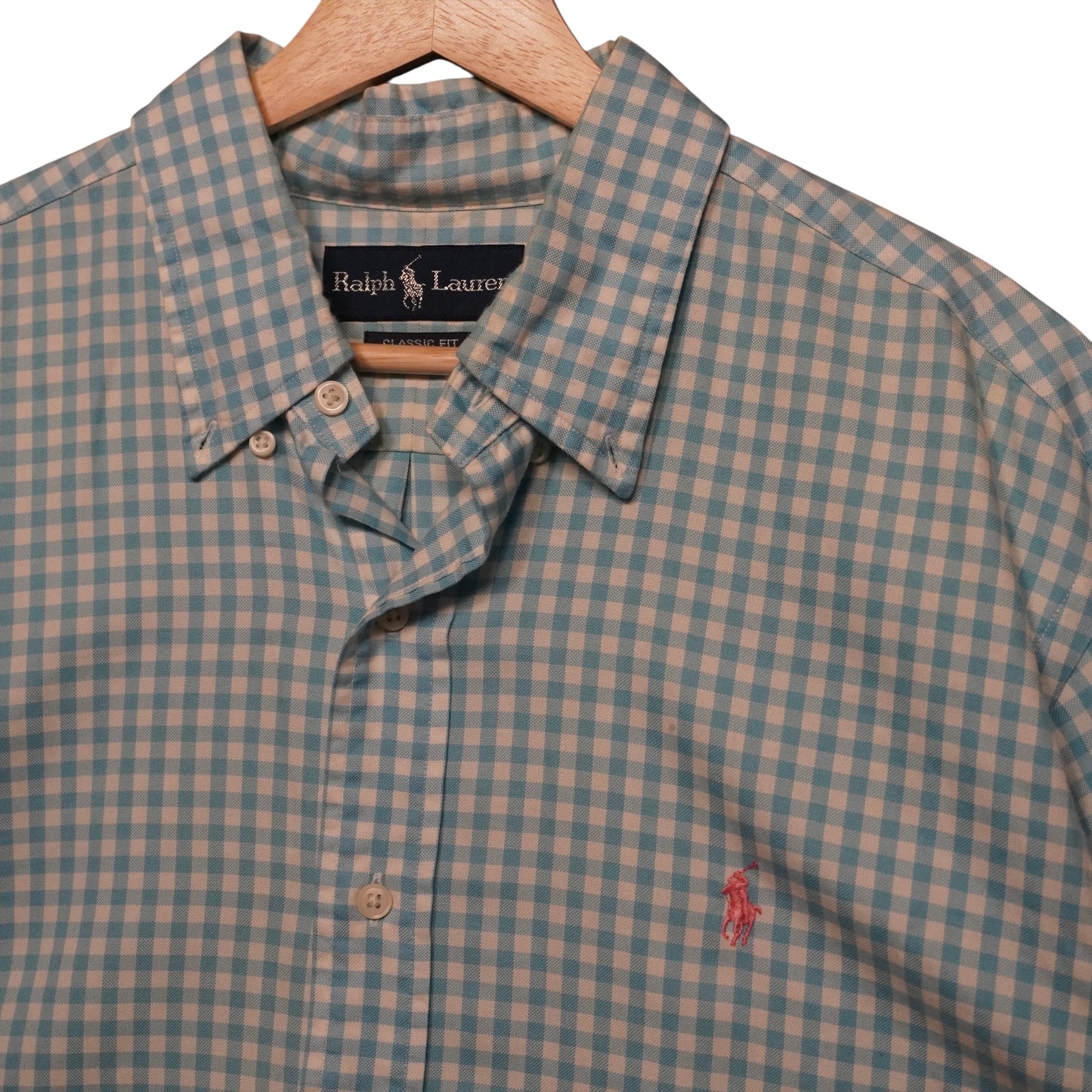 Boxy POLO Button Up Pink on Blue (L)